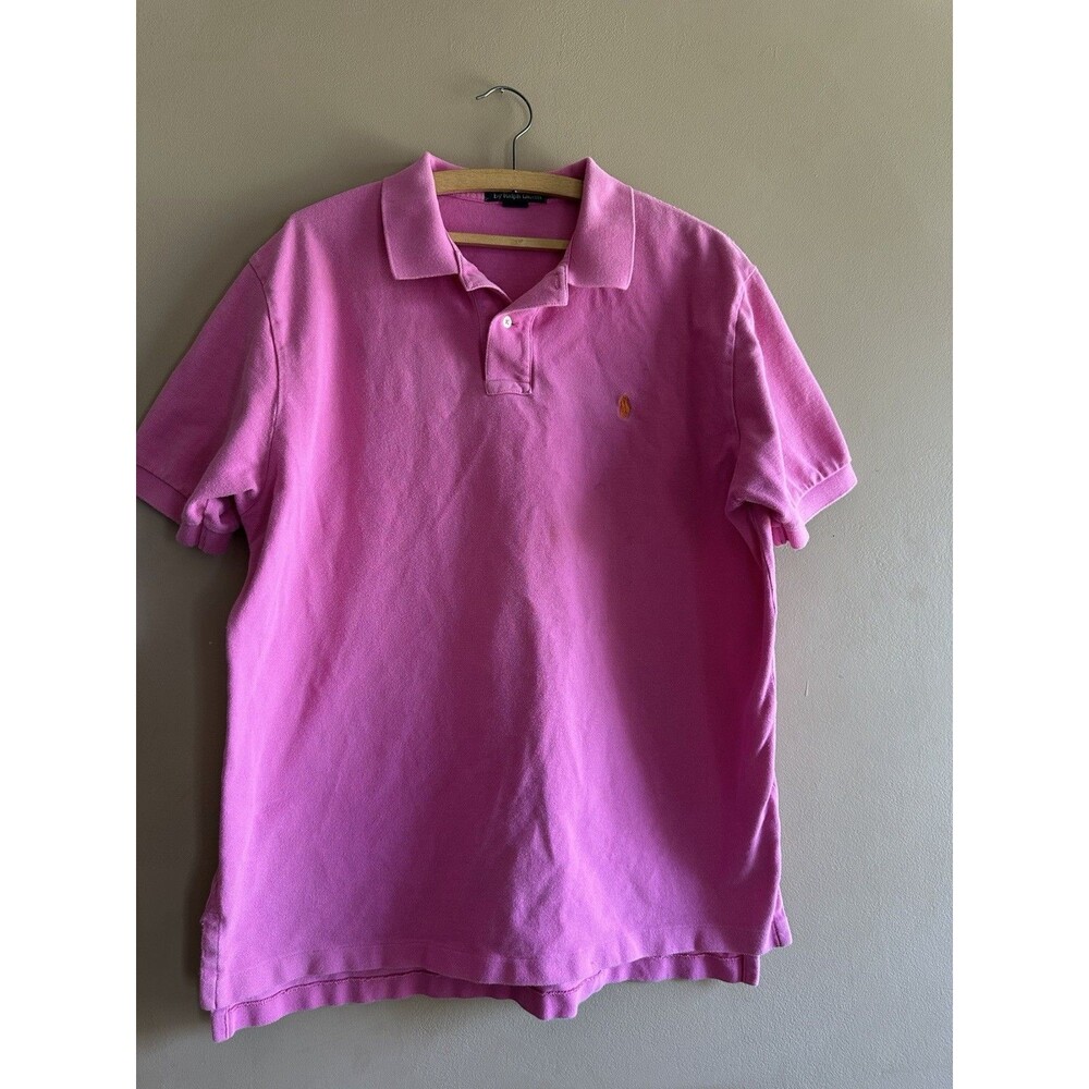 Polo Ralph Lauren Mens XL Pink 100% Cotton Short Sleeve Polo Shirt Orange Logo‎